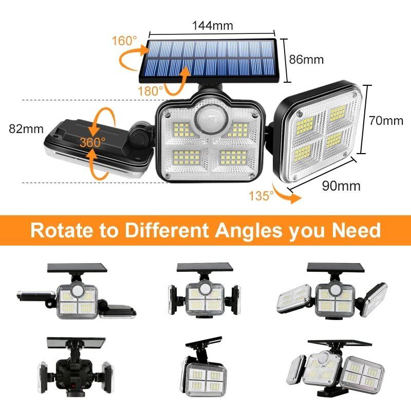 108/122/138/171 Led Solární Světla 3hlavý Pohybový Senzor 270° Širokoúhlé Osvětlení Venkovní Vodotěsná Nástěnná Lampa S Dálkovým Ovládáním