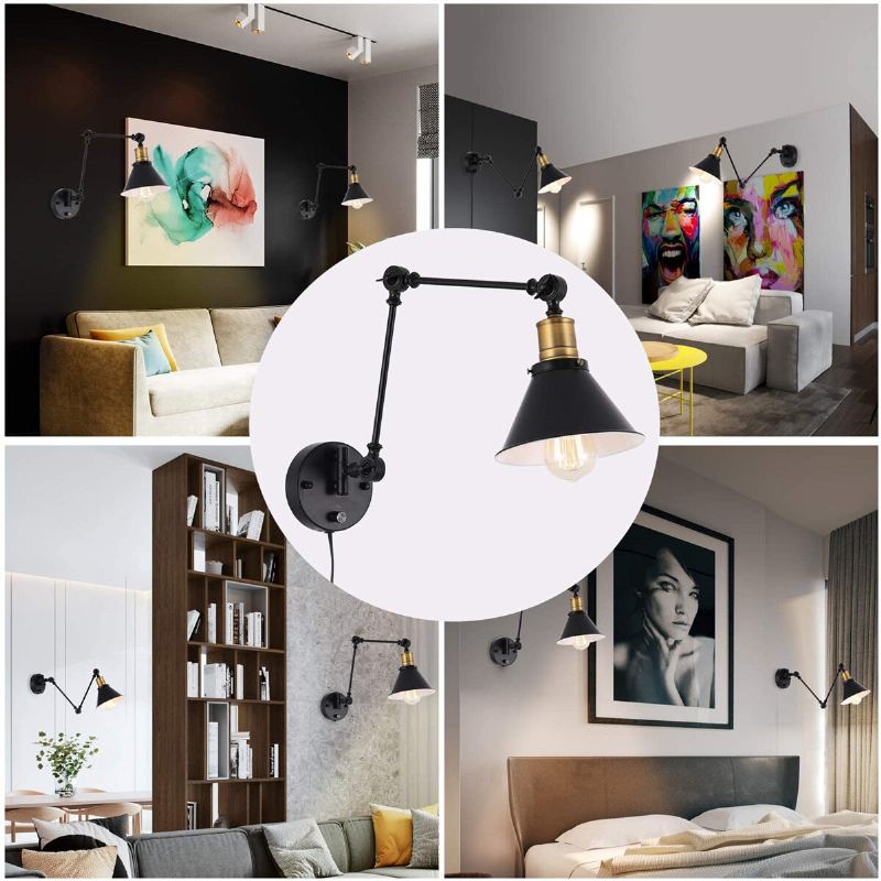 1pcs/2pcs 60w 110v Us Zástrčka Industrial Black Sconce Nastavitelný Úhel Otočného Ramene Vintage Nástěnná Zásuvná Lampa