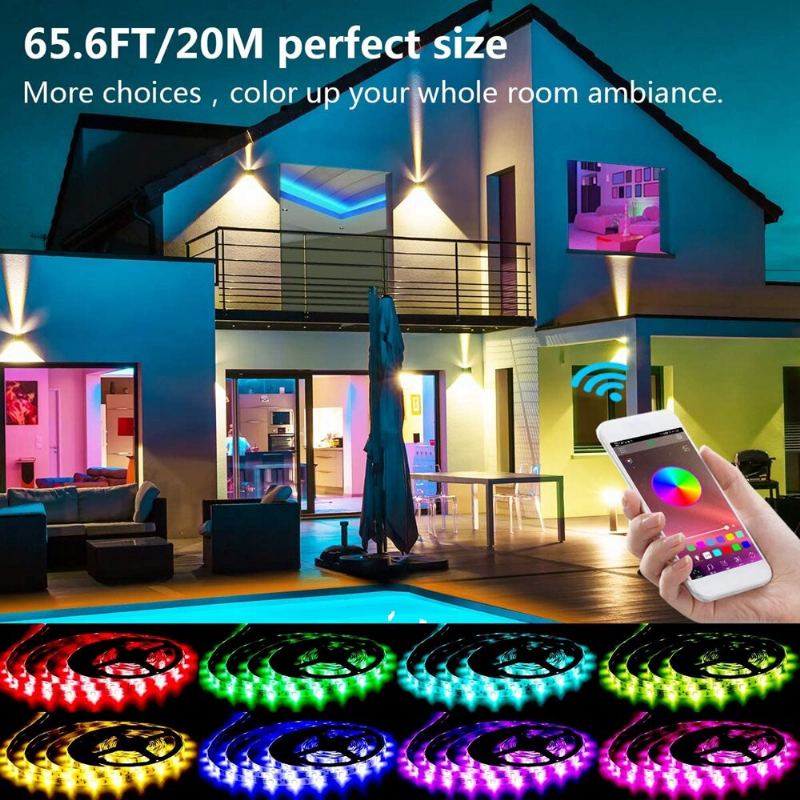 65.6ft 10m/15m/20m 5050 Smart Led Páskové Světlo Nevodotěsná Rgb Provazová Lampa S Bluetooth Hudebním Ovladačem + Dálkovým Ovládáním Vánoční Ozdoby Výprodej Osvětlení