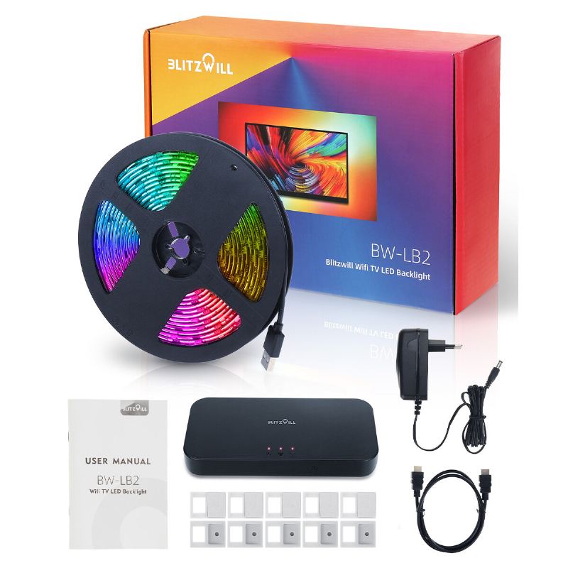 Blitzwill Bw-lb2 Wifi Tv Led Pásek 5m Pro Synchronizaci Obrazovky A Hudby Tv Se Světelným Pruhem Na Stejné Obrazovce Holá Deska Magic Color S Ovládacím Boxem 2 Kabely Hdmi Smart Napájení Hlasovým Ovládáním 12v/3a