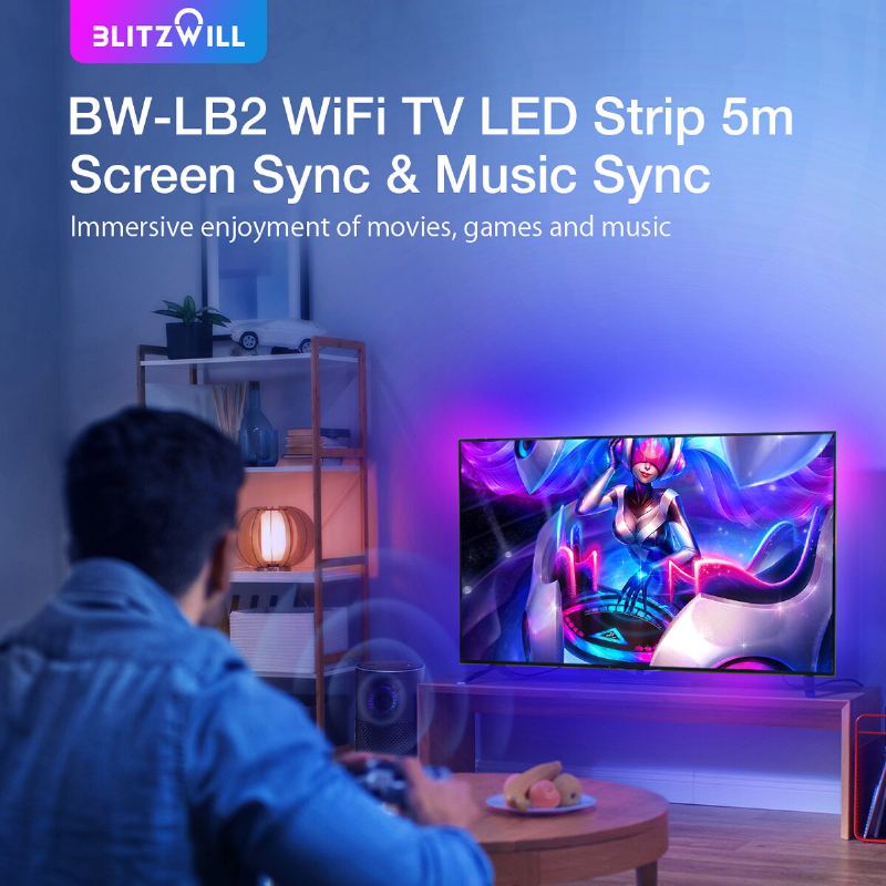 Blitzwill Bw-lb2 Wifi Tv Led Pásek 5m Pro Synchronizaci Obrazovky A Hudby Tv Se Světelným Pruhem Na Stejné Obrazovce Holá Deska Magic Color S Ovládacím Boxem 2 Kabely Hdmi Smart Napájení Hlasovým Ovládáním 12v/3a