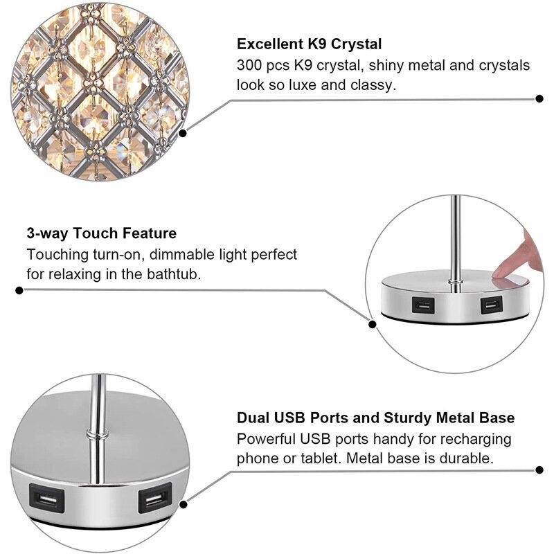 Usb Dobíjecí Křišťálová Stolní Lampa S Dotykovým Stmíváním Nočních Světel Noční Světlo Do Ložnice Se Světelným Zdrojem