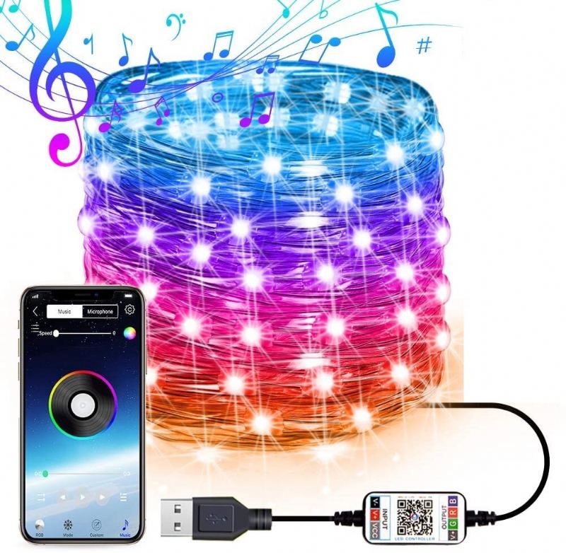 Usb Fairy Lights Led Řetězová Světla Synchronizace Hudby Bluetooth App Telefon Vnitřní Venkovní Třpytivá 32.8 Ft Závěsná S Hvězdami Měnící Barvu