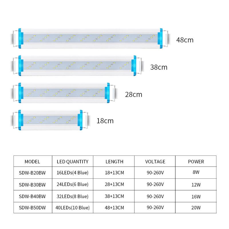 18-48cm Akvárium Led Osvětlení S Výsuvnými Držáky Bílé A Modré Led Vhodné Pro