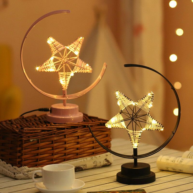 Bateriové/usb Teplé Světlo Černá/růžová Star Moon Noční Stolní Lampa Dárek K Narozeninám