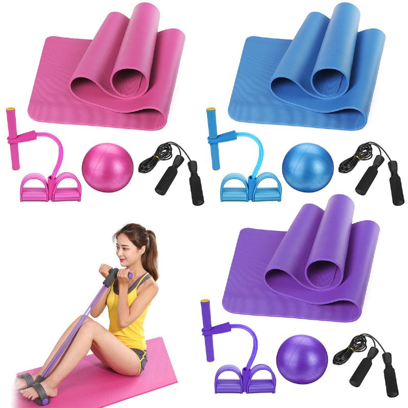 Sada 4ks Yoga Beginner Kit Set Protiskluzový Míč Pilates + Švihadlo + Odporový Pás + Podložky Na Jógu Domácí Fitness Nástroje