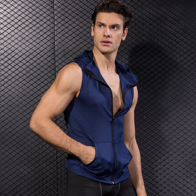 Yuerlian Pánské Běžecké Bundy S Kapucí Bez Rukávů Chlapecká Sportovní Vesta S Kapsou Na Zip Fitness Gym Quick Dry Workout Tops Wear