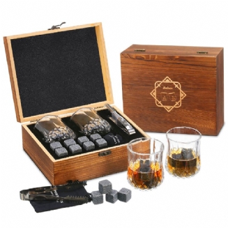 Whisky Stone Set Opakovaně Použitelné Kostky Ledu 8 Ledových Atonů 2 Sklenice Na Nerezové Spony S Fleecovým Sáčkem Dřevěný Dárek Nejlepší Pro Muže