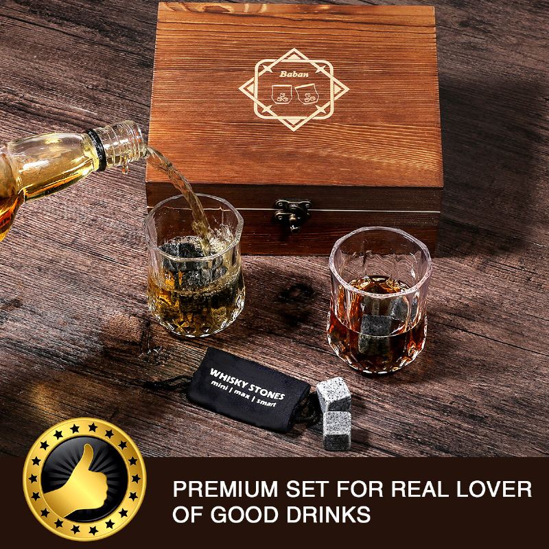 Whisky Stone Set Opakovaně Použitelné Kostky Ledu 8 Ledových Atonů 2 Sklenice Na Nerezové Spony S Fleecovým Sáčkem Dřevěný Dárek Nejlepší Pro Muže