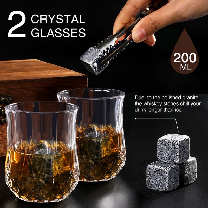 Whisky Stone Set Opakovaně Použitelné Kostky Ledu 8 Ledových Atonů 2 Sklenice Na Nerezové Spony S Fleecovým Sáčkem Dřevěný Dárek Nejlepší Pro Muže