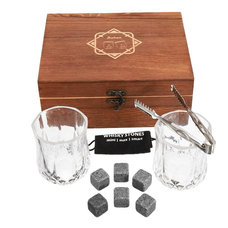 Whisky Stone Set Opakovaně Použitelné Kostky Ledu 8 Ledových Atonů 2 Sklenice Na Nerezové Spony S Fleecovým Sáčkem Dřevěný Dárek Nejlepší Pro Muže