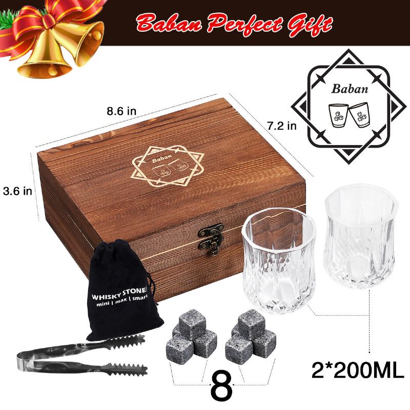 Whisky Stone Set Opakovaně Použitelné Kostky Ledu 8 Ledových Atonů 2 Sklenice Na Nerezové Spony S Fleecovým Sáčkem Dřevěný Dárek Nejlepší Pro Muže