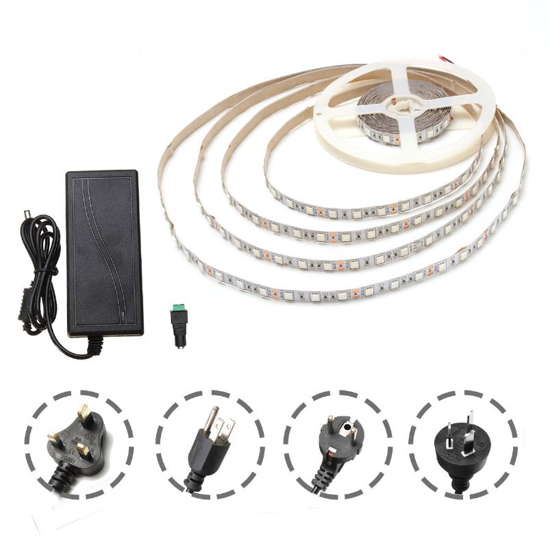 Dc12v Nevodotěsný 5m Červený:modrý 4:1 Smd5050 Full Spectrum Led Strip Grow Light + Napájecí Zdroj