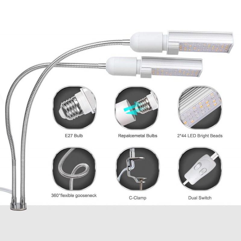 Relassy Led Růstová Světla Světlo Rostlin Plné Spektrum Žluté Led Růst A Kvetení Dvojitá Hadice S Husím Krkem Hlava Nerezová Ocel