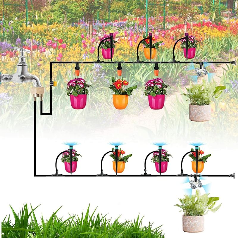 Souprava Kapkové Závlahy 59ft/18m Zahradní Zavlažovací Systém Skleníkové Terasy Automatické Sady Zavlažování S Dvoucestným Mosazným Závitovým Konektorem A 4 Druhy Postřikovačů Snadné Ovládání Instalace