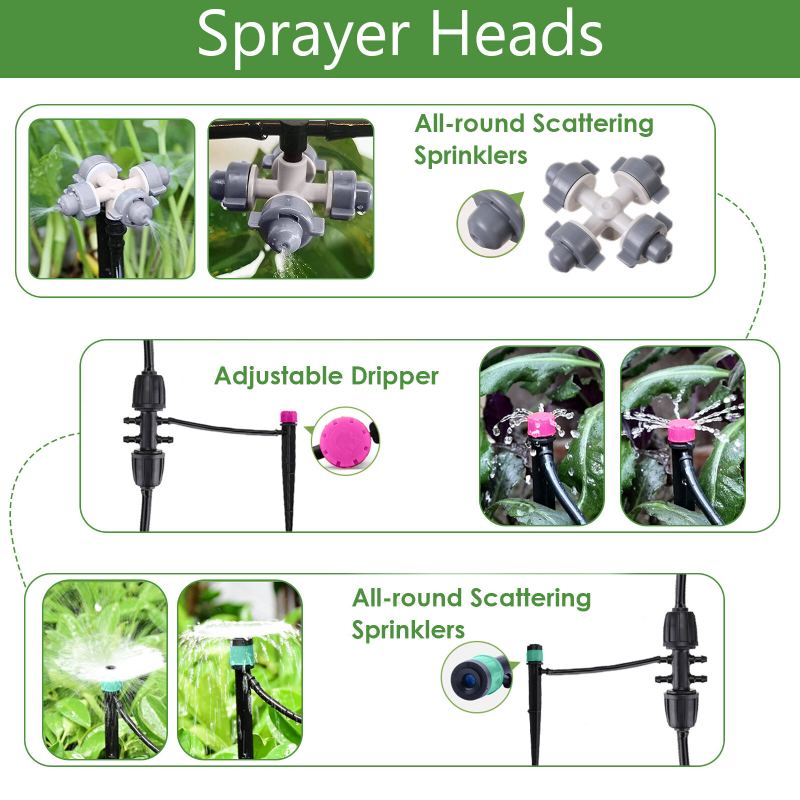 Souprava Kapkové Závlahy 59ft/18m Zahradní Zavlažovací Systém Skleníkové Terasy Automatické Sady Zavlažování S Dvoucestným Mosazným Závitovým Konektorem A 4 Druhy Postřikovačů Snadné Ovládání Instalace
