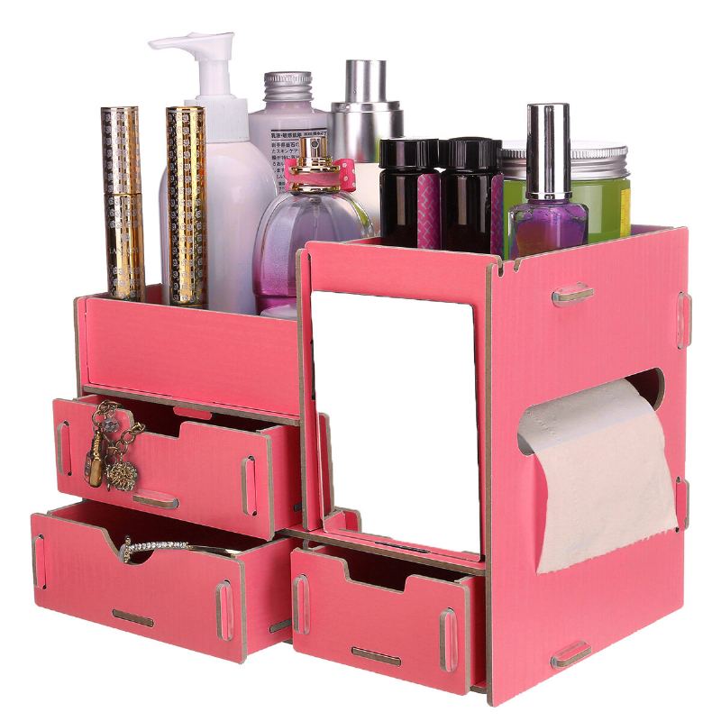 Organizér Na Make-up Se Zrcadlovou Zásuvkou Diy Stolní Kreativní Dřevěný Úložný Box Domácí Ubytovna Úložné Potřeby