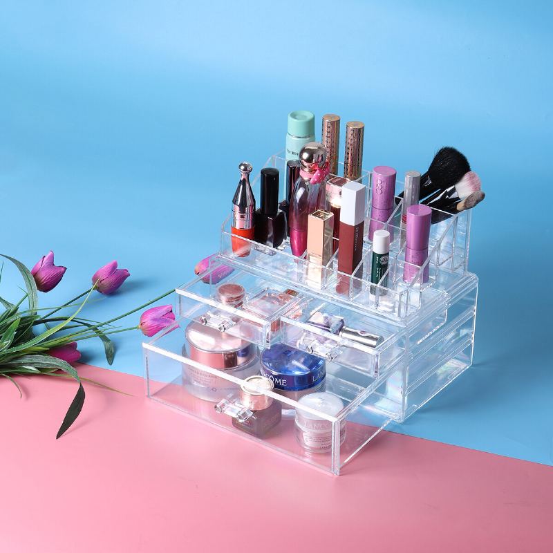 Úložný Box Na Kosmetiku 2 V 1 Kombinovaný Box Na Make-up S Organizérem Transparentní Se Zásuvkou Krabička S Práškem Na Rtěnku