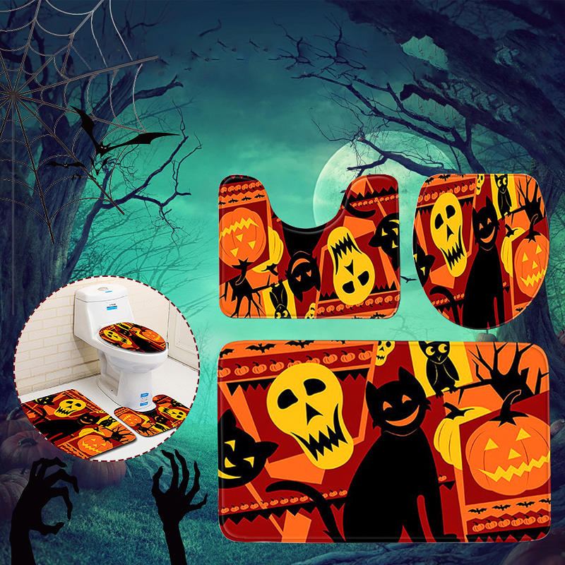 3pc Halloween Print Koberec Koupelna Protiskluzový Podstavec Víko Wc Kryt Sada Koupelnových Podložek