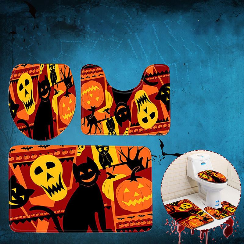 3pc Halloween Print Koberec Koupelna Protiskluzový Podstavec Víko Wc Kryt Sada Koupelnových Podložek