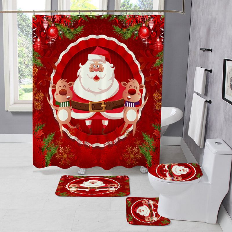 Vánoční Sprchový Závěs Santa Claus Třídílná Čtyřdílná Sada Koupelnových Podložek Vodotěsných Toaletních