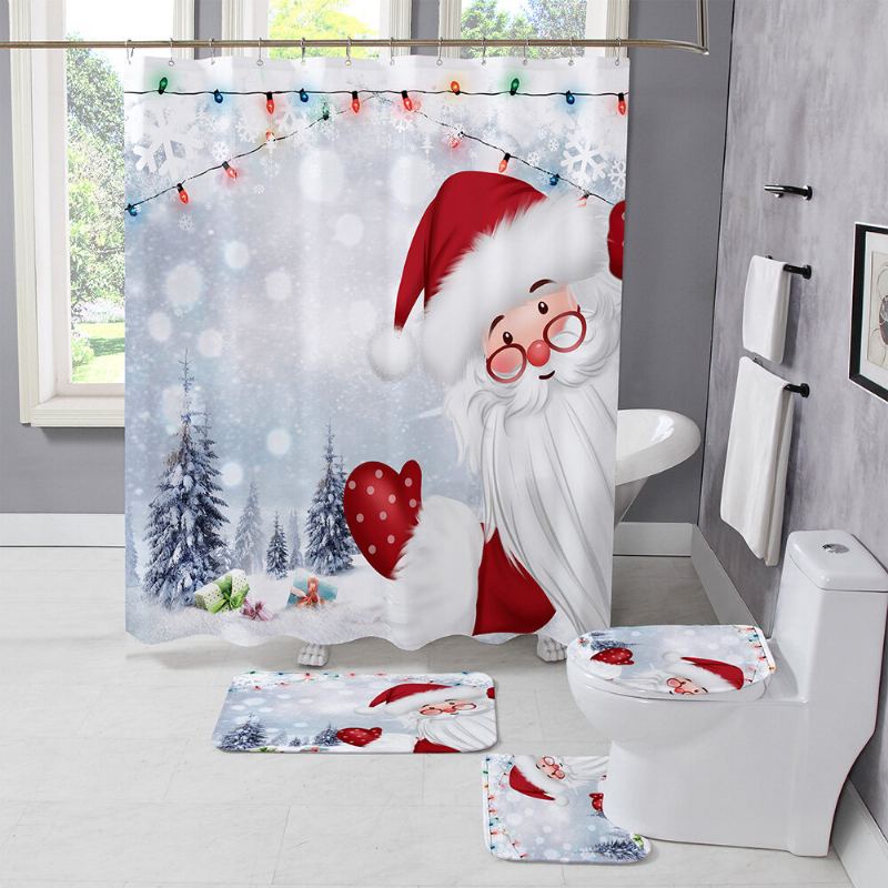 Vánoční Sprchový Závěs Santa Claus Třídílná Čtyřdílná Sada Koupelnových Podložek Vodotěsných Toaletních