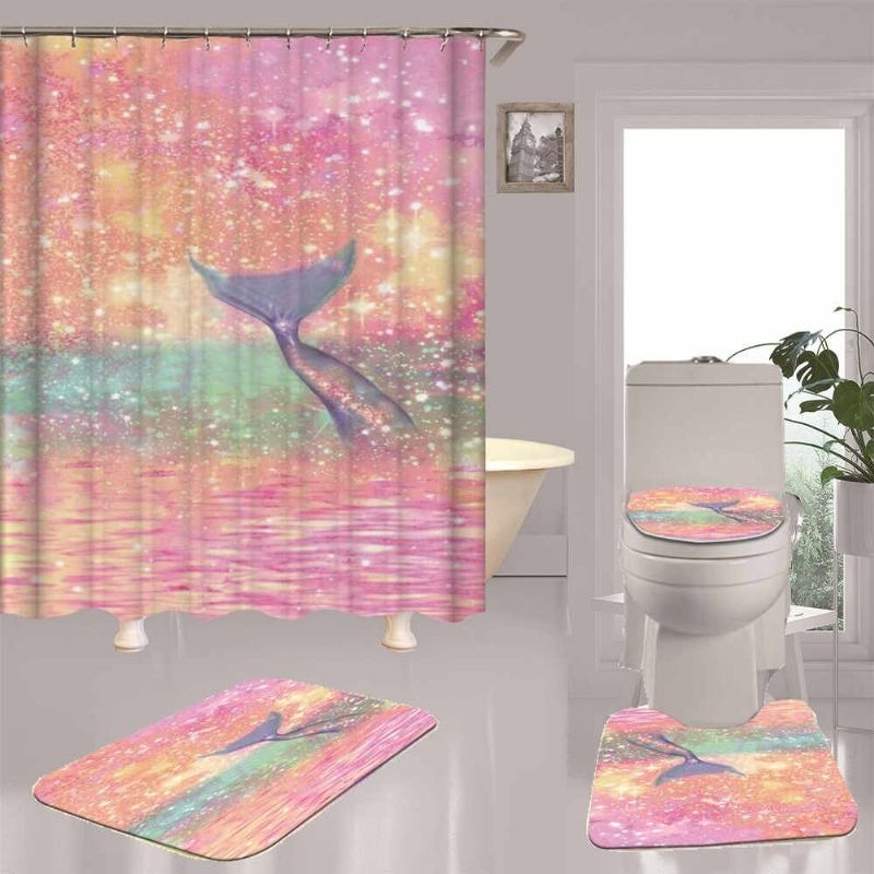 Mořská Panna Tail Print Koupelna Sprchový Závěs Kryt Záchodové Víko Sada Podložek Do Vany