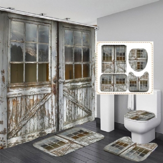 Vintage Dřevěné Dveře Koupelna Sprchový Závěs Sada Protiskluzových Podložek Antikorozní Vodotěsných Sprchových Závěsů