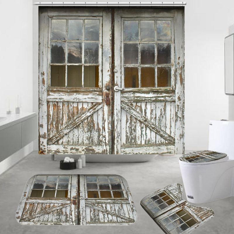 Vintage Dřevěné Dveře Koupelna Sprchový Závěs Sada Protiskluzových Podložek Antikorozní Vodotěsných Sprchových Závěsů
