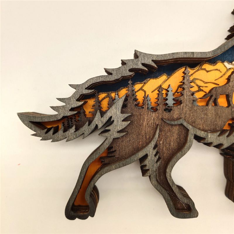 Dřevěné Wolf Ornament Led Světla 3d Řezbářství