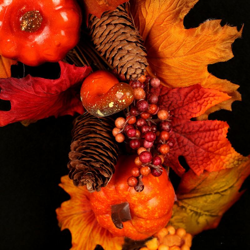Halloween Umělý Dýňový Věnec Podzimní Barva Sklizeň Javorový List Led Světelná Šňůra Ozdoba Dveří Girlanda