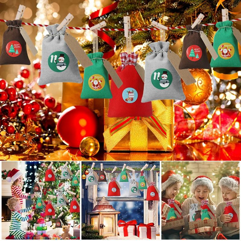 Joyxeon 28ks Vánoční Závěsné Adventní Kalendáře Odpočítávací Šňůrka Dárkové Sáčky Na Cukroví Na Sušenky Dárek Balení