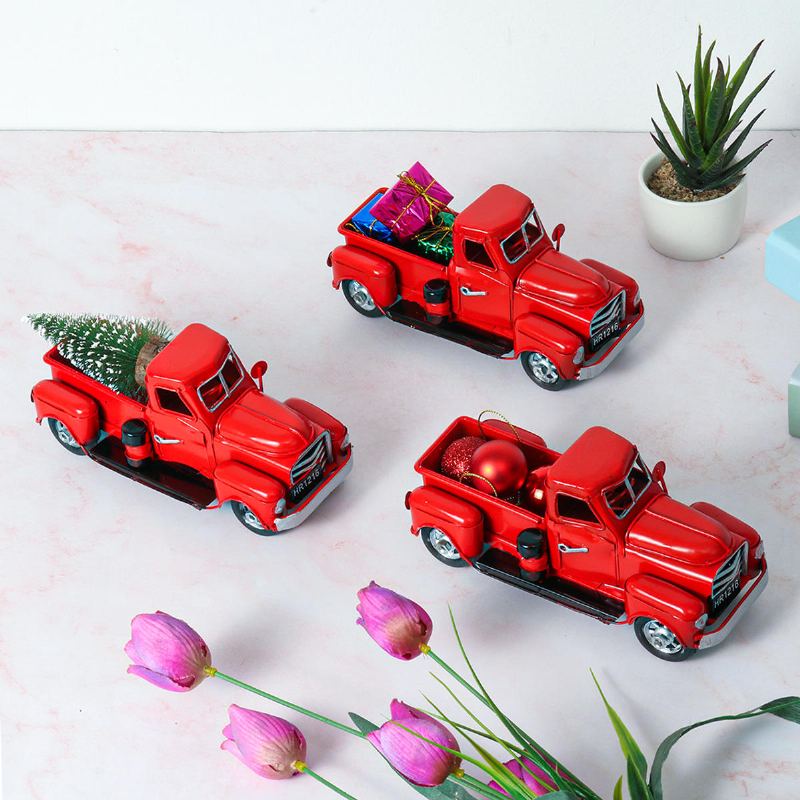 Vánoční Kovové Auto Starožitný Červený Nákladní Model Vintage Styl Party Dekorace + Dárek
