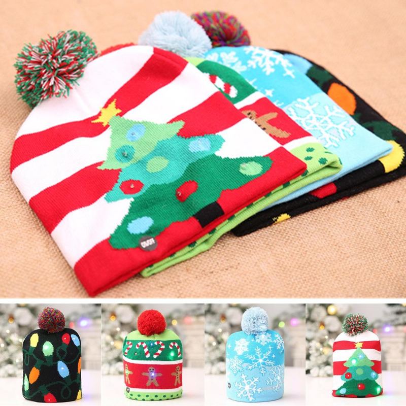 Vánoční Led Světlo Winter Warm Beanie Cap Santa Claus Snowflake Knitted Hat