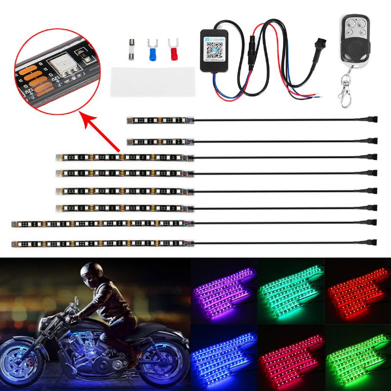 8pcs Motorcycle Bluetooth App Led Light Strip Kit Dálkové Ovládání Blikající Lampa