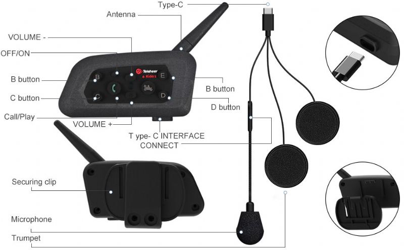 Motocyklová Bluetooth Helma V6 1500m Vysílačka Vodotěsný Reproduktor Mohou Mluvit Dva Lidé Současně