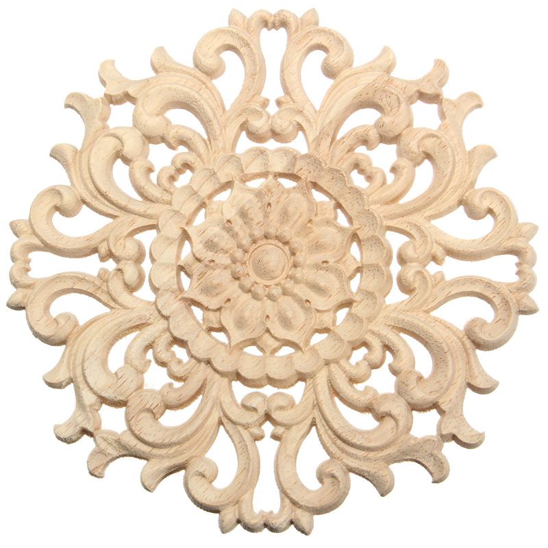 Dřevěná Vyřezávaná Onlay Nášivka Nelakovaný Květinový Vzor Rám Nábytku Dekor Dvířek 15 cm