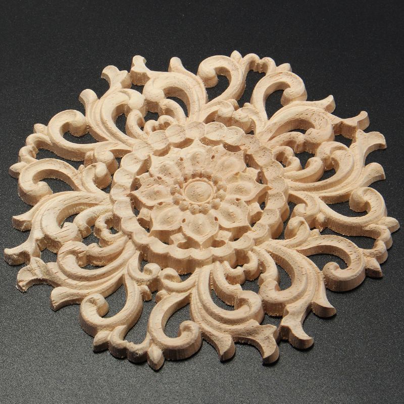 Dřevěná Vyřezávaná Onlay Nášivka Nelakovaný Květinový Vzor Rám Nábytku Dekor Dvířek 15 cm