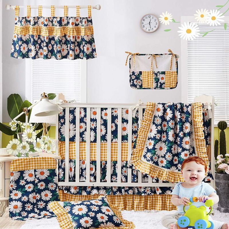 100% Bavlna Farmhouse Nursery Povlečení Sada 11dílná Pretty Daisy Květinová Dívčí Postýlka Set Se Žlutým Kostkovaným Vintage Dětským Povlečením