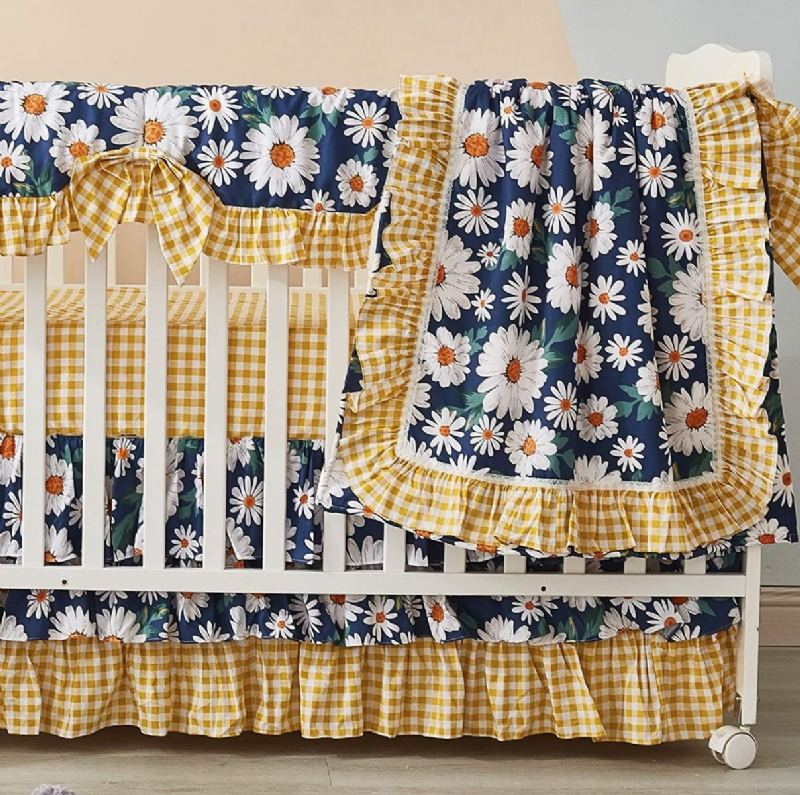 100% Bavlna Farmhouse Nursery Povlečení Sada 11dílná Pretty Daisy Květinová Dívčí Postýlka Set Se Žlutým Kostkovaným Vintage Dětským Povlečením