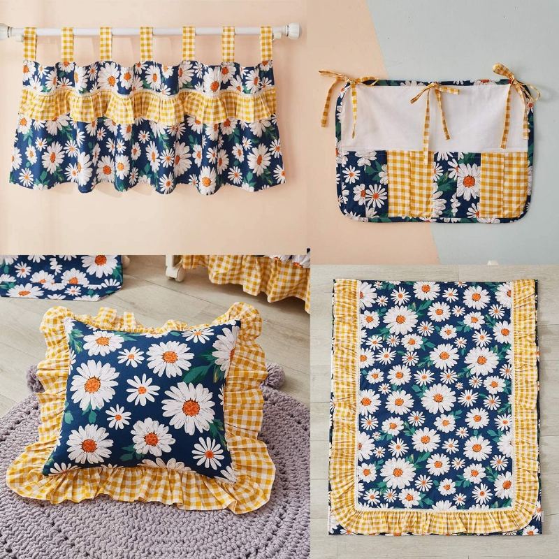 100% Bavlna Farmhouse Nursery Povlečení Sada 11dílná Pretty Daisy Květinová Dívčí Postýlka Set Se Žlutým Kostkovaným Vintage Dětským Povlečením