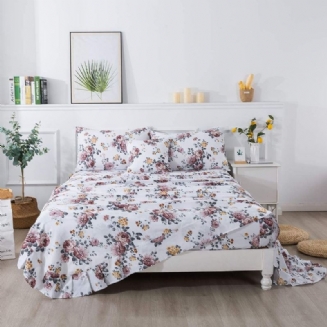 100% Česaná Bavlna Shabby Bílé Květinové Povlečení Elegantní Sada Pivoňka S Květem Farmhouse 4 Ks Prostěradla S Hlubokým Výstřihem