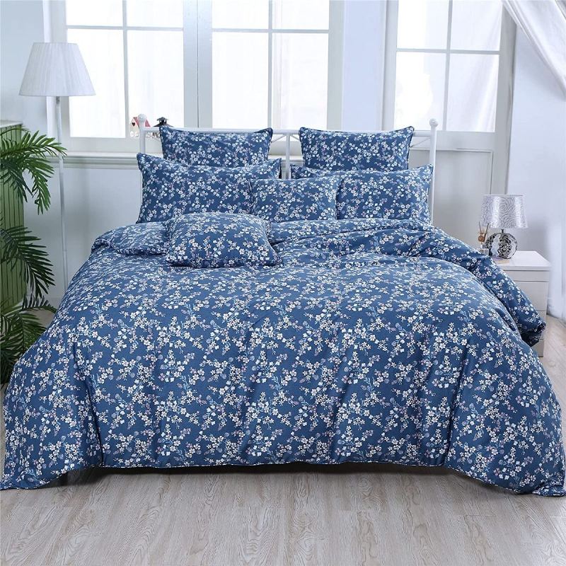 3 Ks Vintage Shabby Blue Květinová Sada Povlečení 100% Bavlna Elegantní Drobné Květiny Farmhouse Se Zapínáním Na Zip