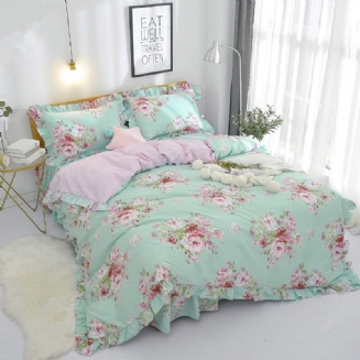 4 Ks Farmhouse Shabby Pink Floral Chic Sada Povlečení 100% Bavlna Růže Květinový Volánkový Set