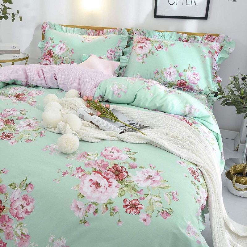 4 Ks Farmhouse Shabby Pink Floral Chic Sada Povlečení 100% Bavlna Růže Květinový Volánkový Set