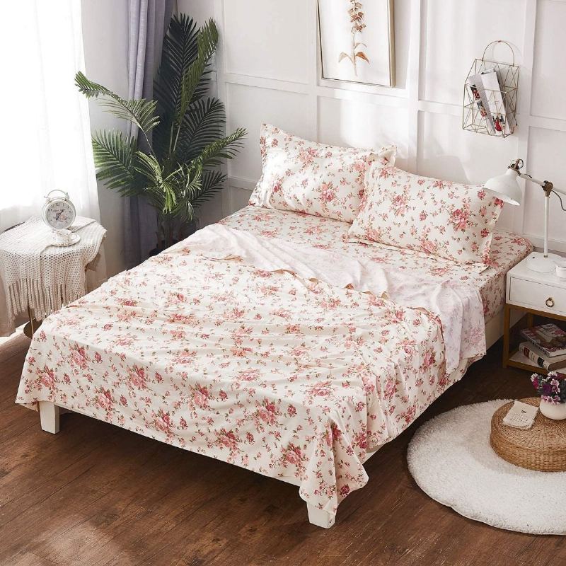 4ks Shabby Floral Prostěradlo Set 100% Bavlna Farmhouse Povlečení Set Růže Květinové Hluboké Kapsy 18 Palců