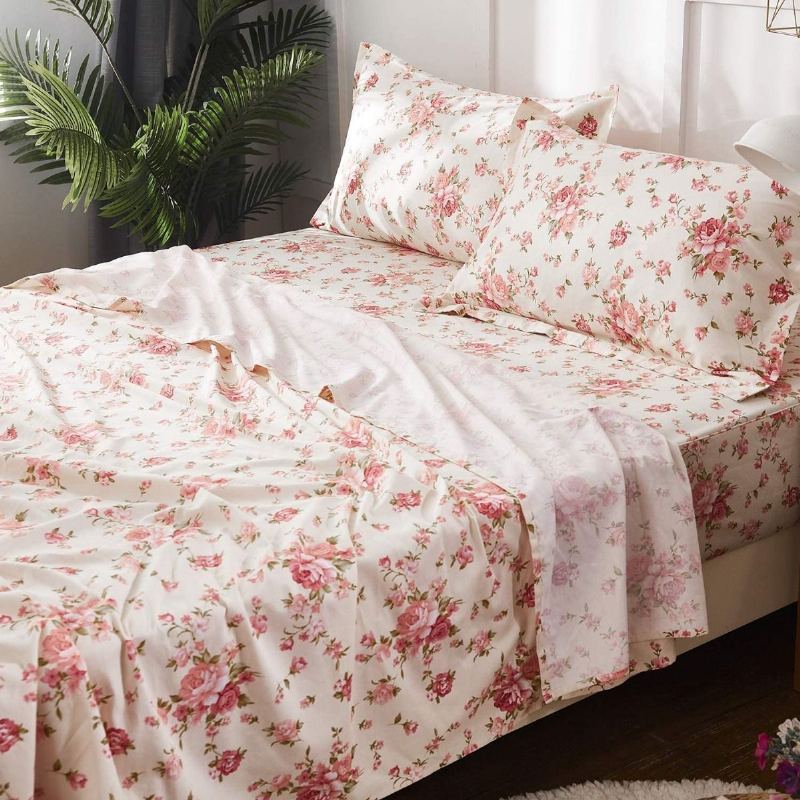 4ks Shabby Floral Prostěradlo Set 100% Bavlna Farmhouse Povlečení Set Růže Květinové Hluboké Kapsy 18 Palců