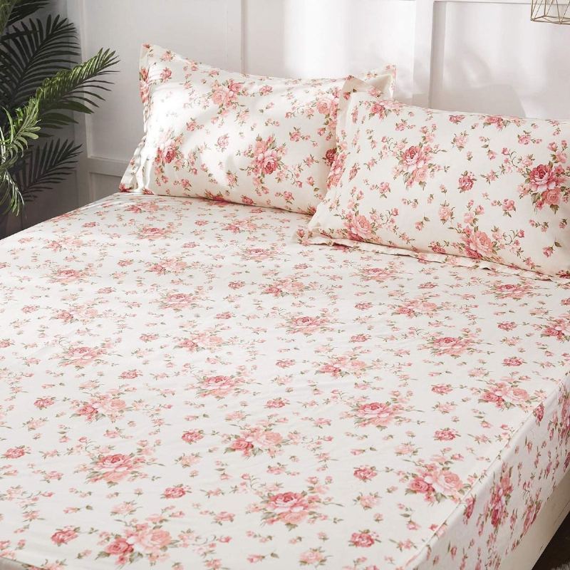 4ks Shabby Floral Prostěradlo Set 100% Bavlna Farmhouse Povlečení Set Růže Květinové Hluboké Kapsy 18 Palců