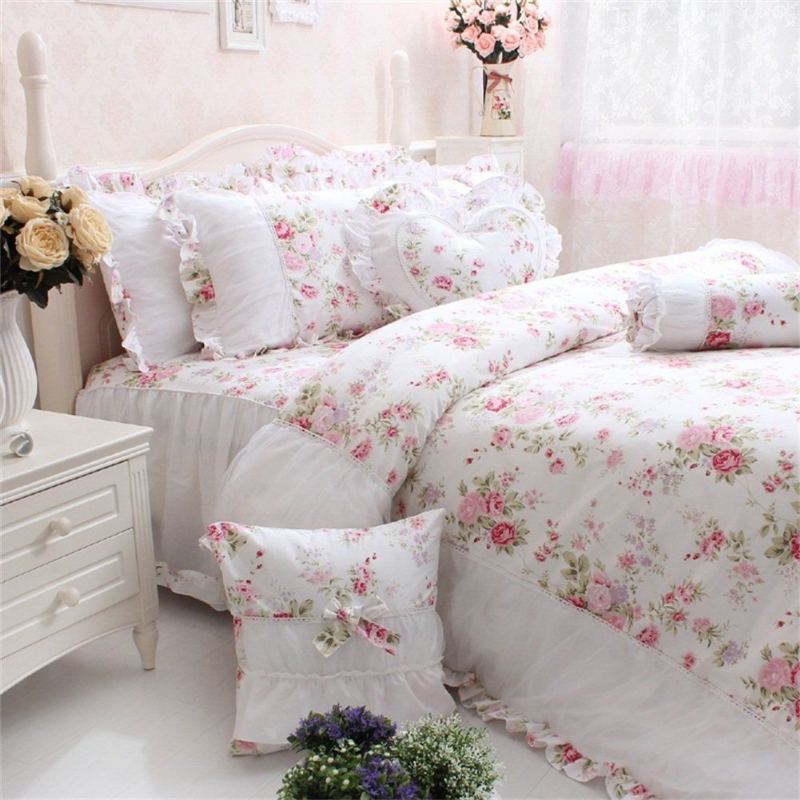 4ks Shabby Rose Květinová Sada Povlečení Elegantní Venkovské Volány Dívčí Povlaků Na Přikrývky Ze 100% Bavlny