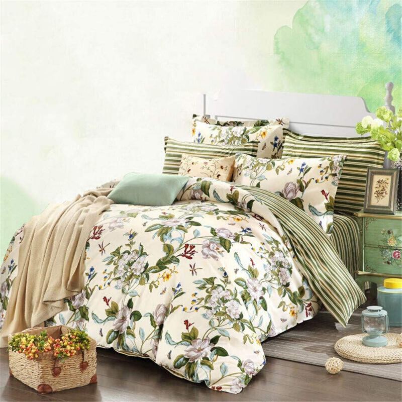 4ks Vintage Green Leaves Cotton Povlak Set Sada Povlečení S Květinovým Potiskem A Prostěradlem